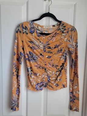 We The Free People Mustard Floral Long-Sleeve Tee Top Shirt Small S